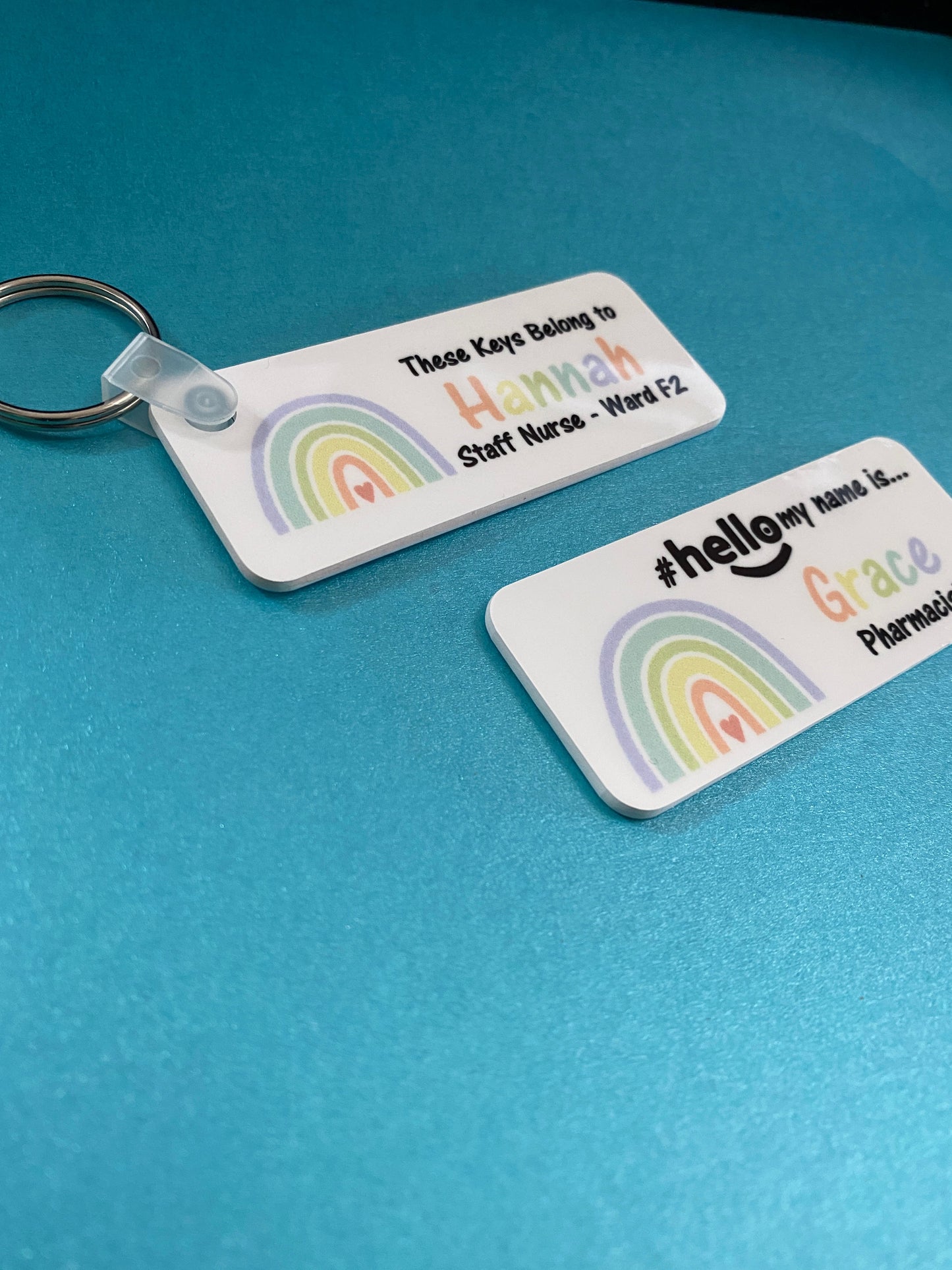 Personalised Badge and Keyring Set Rainbow Design