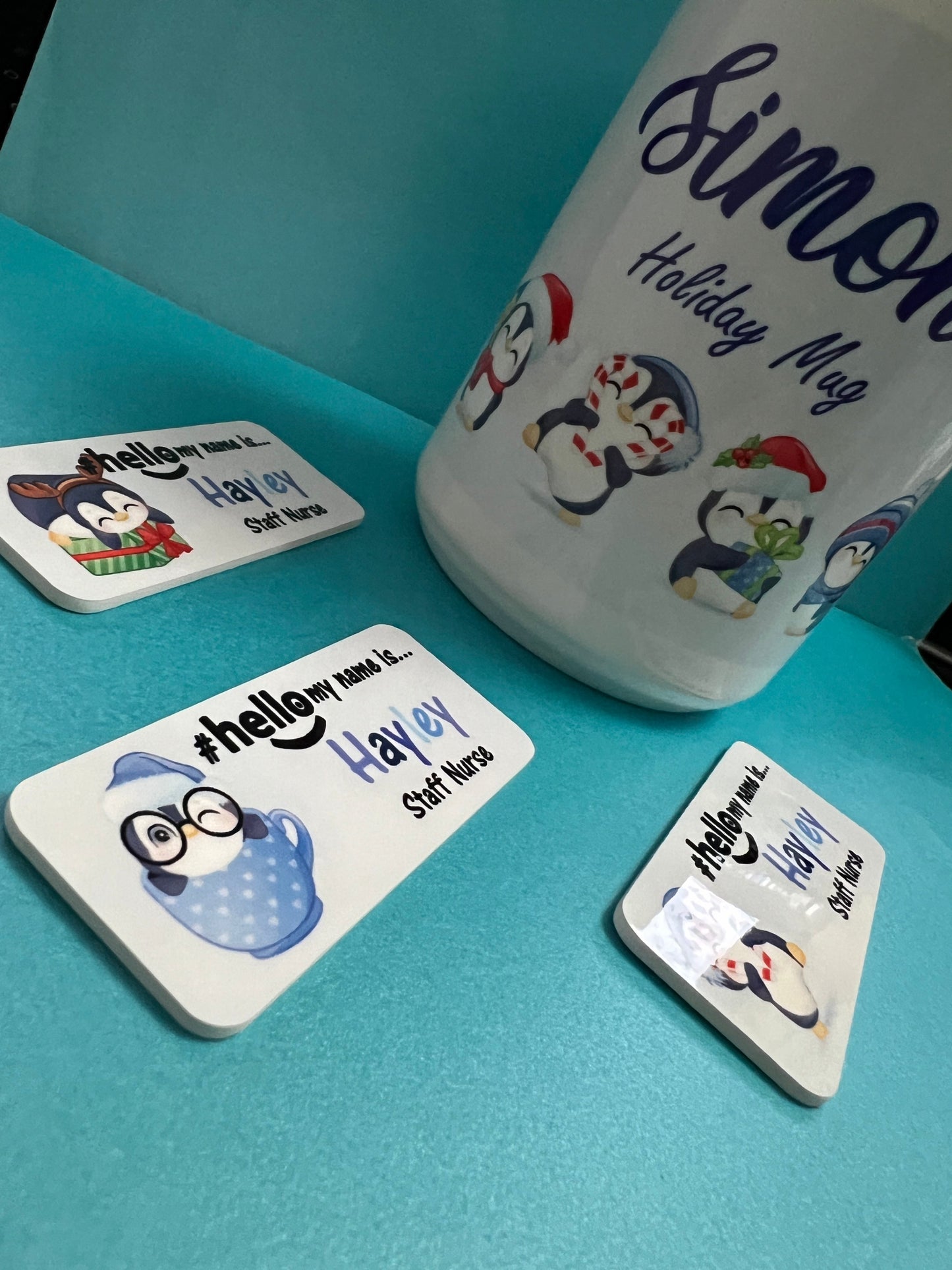 Christmas Penguin Collection Name Badge and Mighty Mug COMBO
